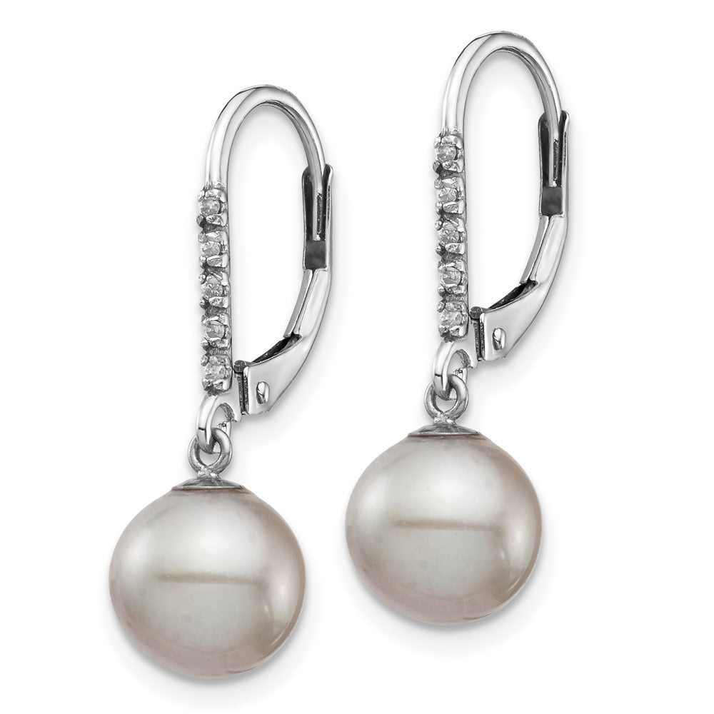 14k White Gold 8 9mm Grey FWC Pearl .05ct Diamond Leverback Earrings