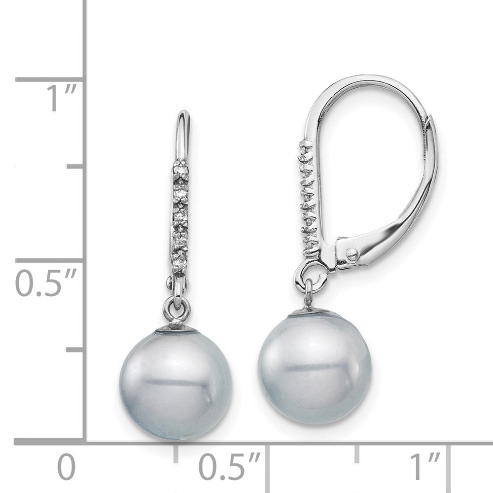 14k White Gold 8 9mm Grey FWC Pearl .05ct Diamond Leverback Earrings