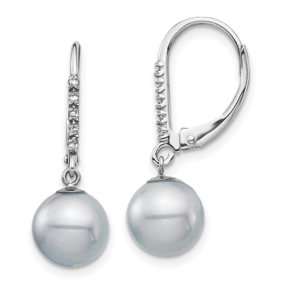 14k White Gold 8 9mm Grey FWC Pearl .05ct Diamond Leverback Earrings