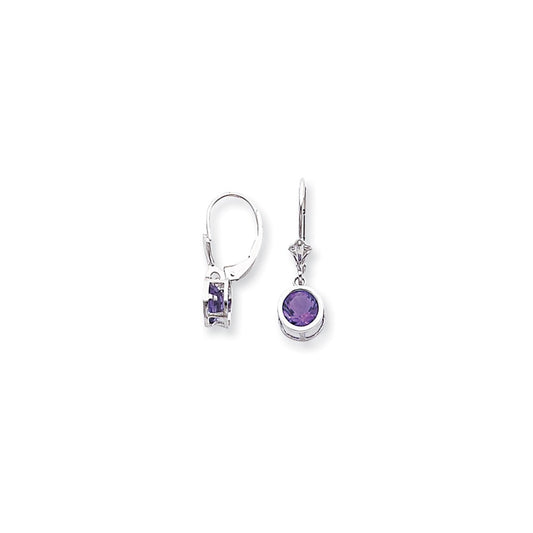 14k White Gold 6mm Amethyst Checker leverback Earrings