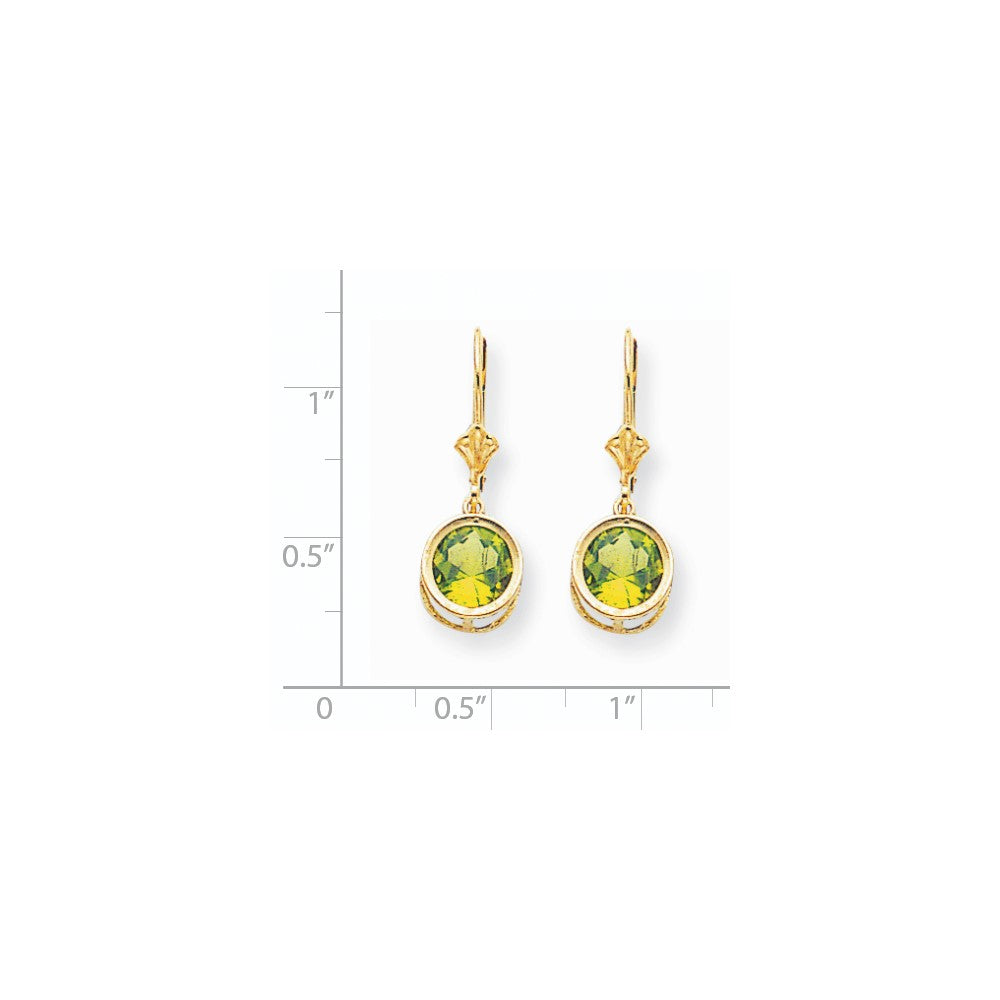 14k Yellow Gold 8mm Peridot Leverback Earrings