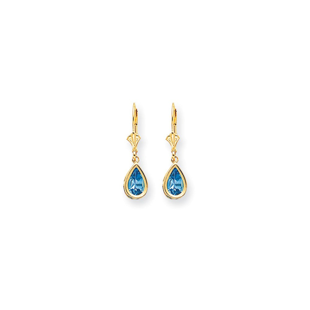 14k Yellow Gold 8x5mm Pear Blue Topaz Checker leverback Earrings