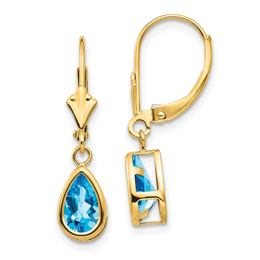 14k Yellow Gold 8x5mm Pear Blue Topaz Leverback Earrings