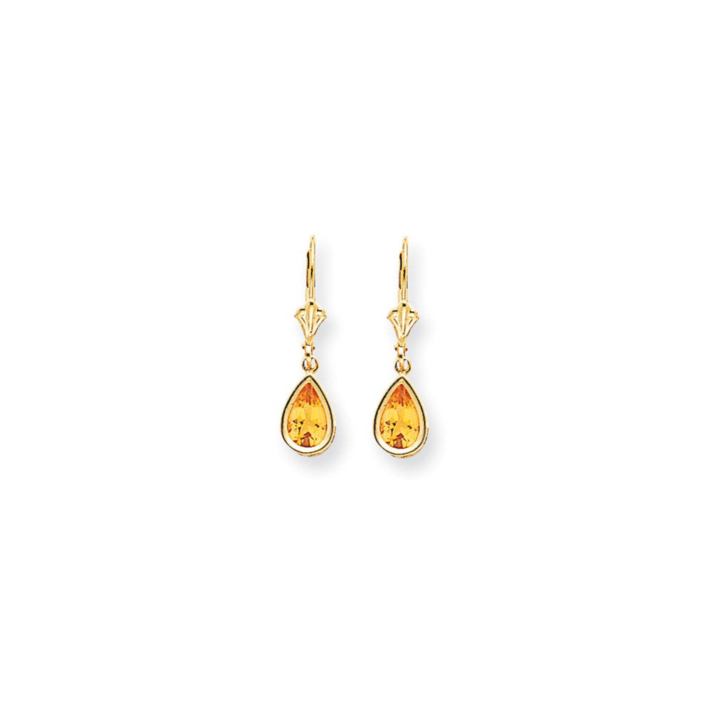 14k Yellow Gold 8x5mm Pear Citrine Checker leverback Earrings