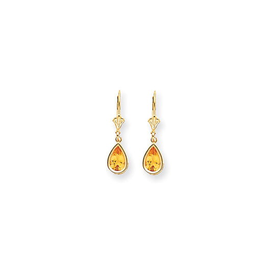 14k Yellow Gold 8x5mm Pear Citrine Checker leverback Earrings