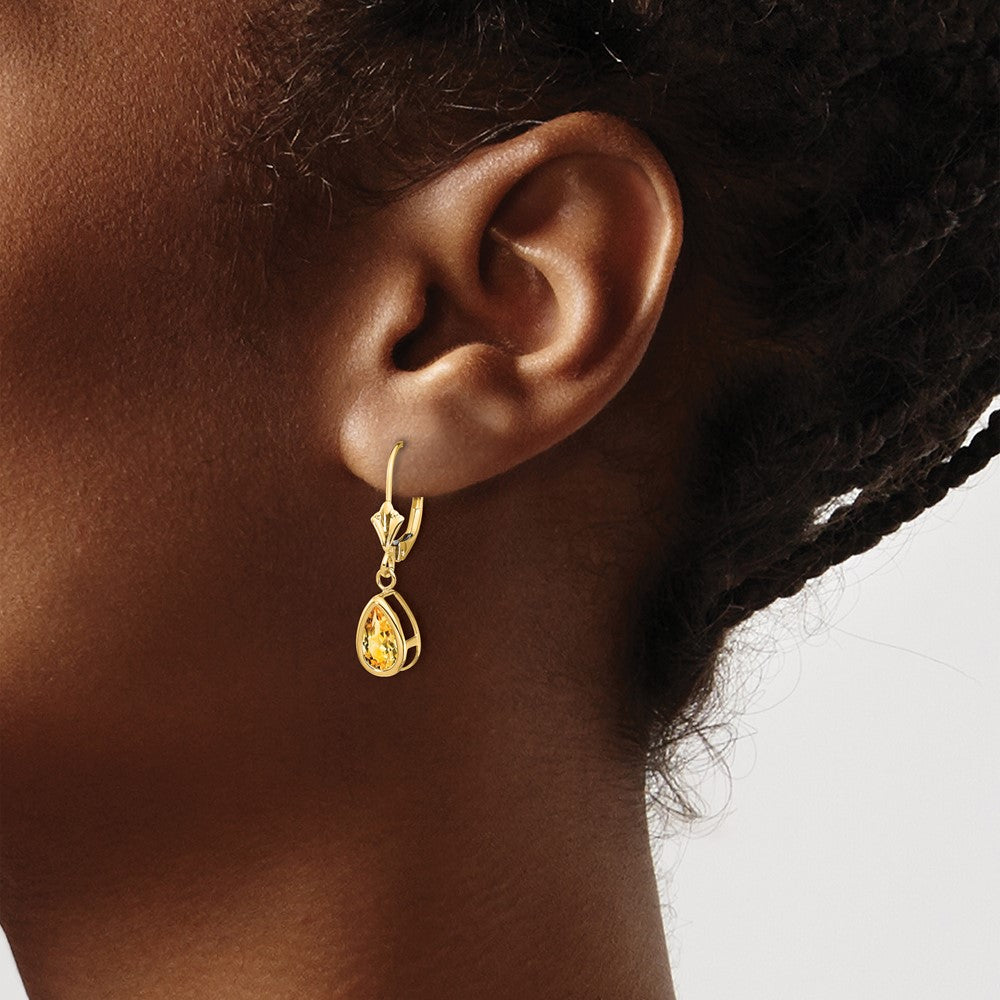 14k Yellow Gold 8x5mm Pear Citrine Leverback Earrings