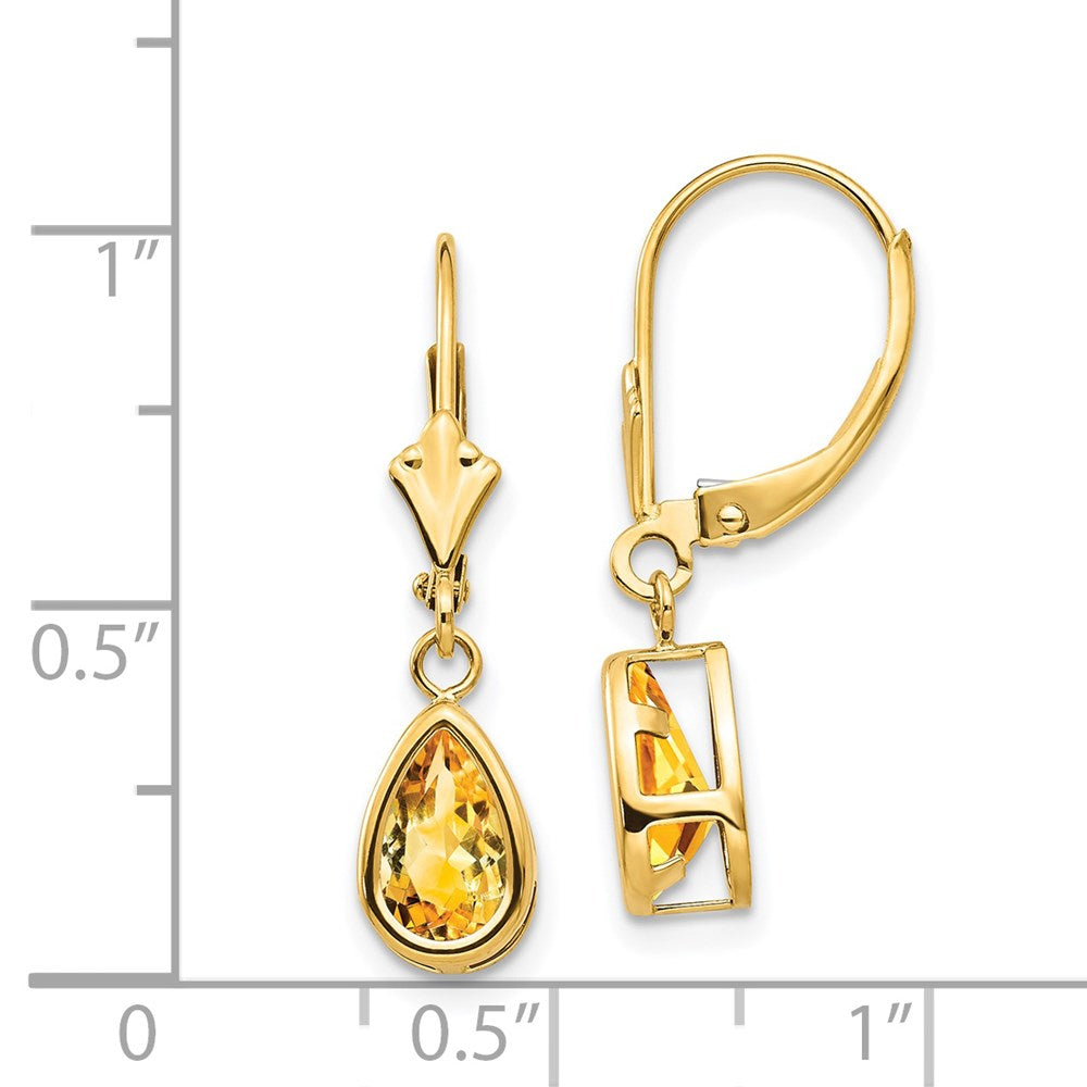 14k Yellow Gold 8x5mm Pear Citrine Leverback Earrings