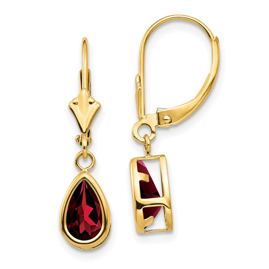 14k Yellow Gold 8x5mm Pear Garnet Leverback Earrings