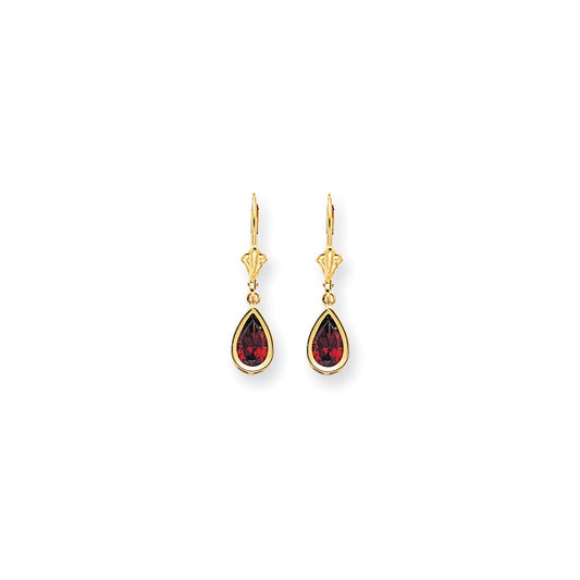 14k Yellow Gold 8x5mm Pear Garnet Checker leverback Earrings