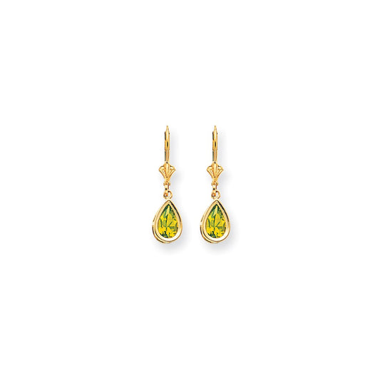 14k Yellow Gold 8x5mm Pear Peridot Checker leverback Earrings