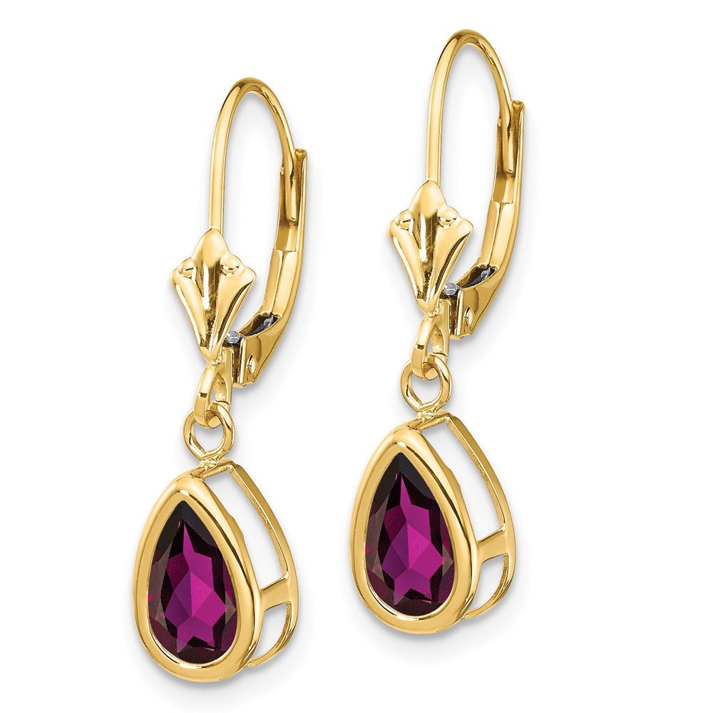 14k Yellow Gold 8x5mm Pear Rhodolite Garnet Leverback Earrings