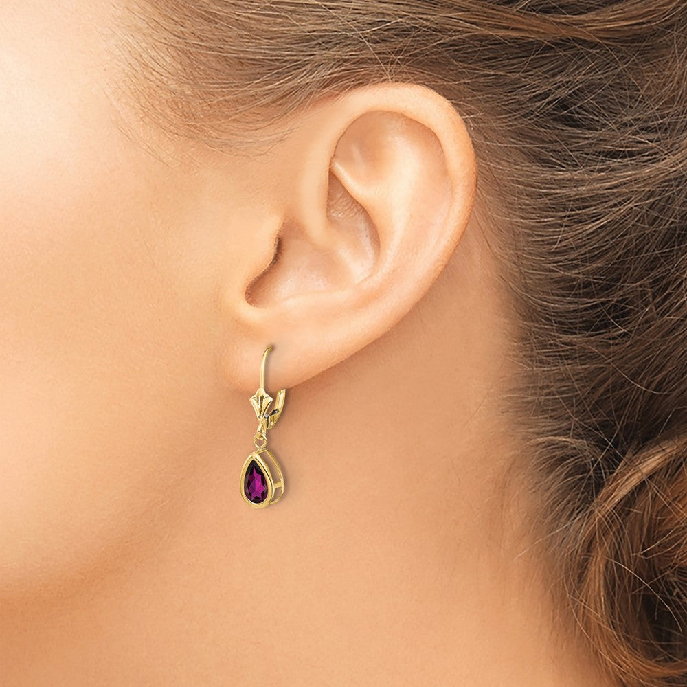 14k Yellow Gold 8x5mm Pear Rhodolite Garnet Leverback Earrings