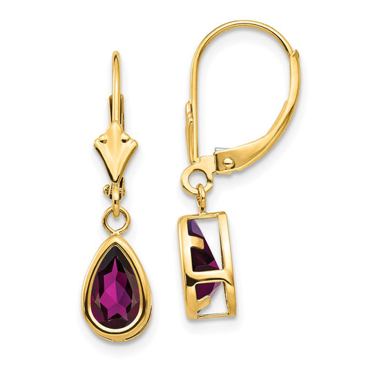 14k Yellow Gold 8x5mm Pear Rhodolite Garnet Leverback Earrings