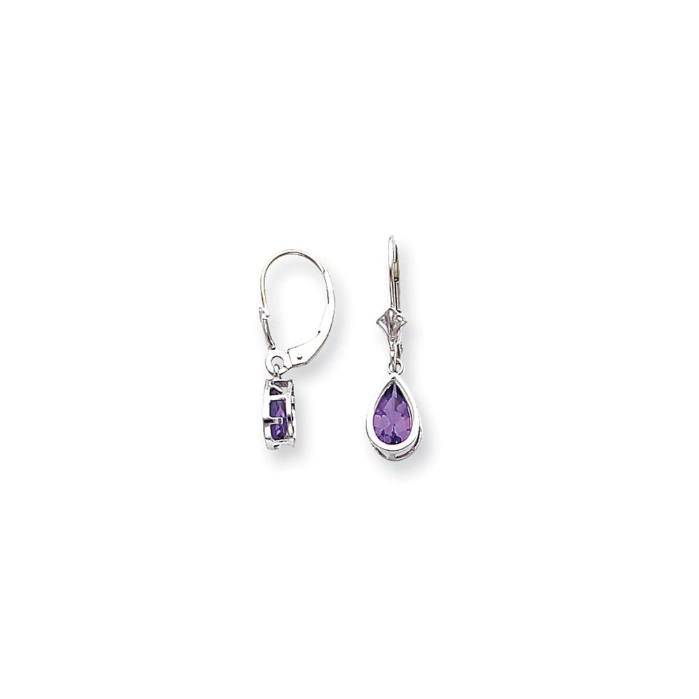 14k White Gold 8x5mm Pear Amethyst Checker leverback Earrings