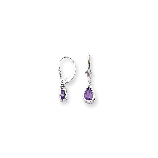 14k White Gold 8x5mm Pear Amethyst Checker leverback Earrings