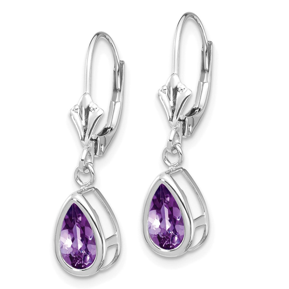 14k White Gold 8x5mm Pear Amethyst Leverback Earrings