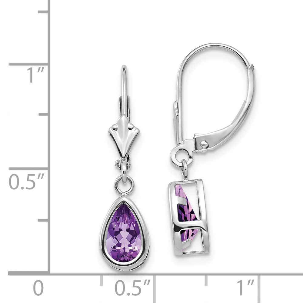 14k White Gold 8x5mm Pear Amethyst Leverback Earrings