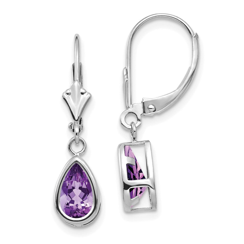 14k White Gold 8x5mm Pear Amethyst Leverback Earrings