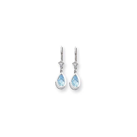 14k White Gold 8x5mm Pear Blue Topaz Checker leverback Earrings