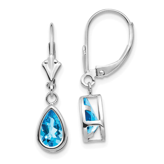 14k White Gold 8x5mm Pear Blue Topaz Leverback Earrings