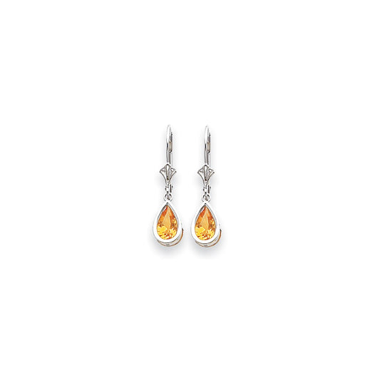 14k White Gold 8x5mm Pear Citrine Checker leverback Earrings