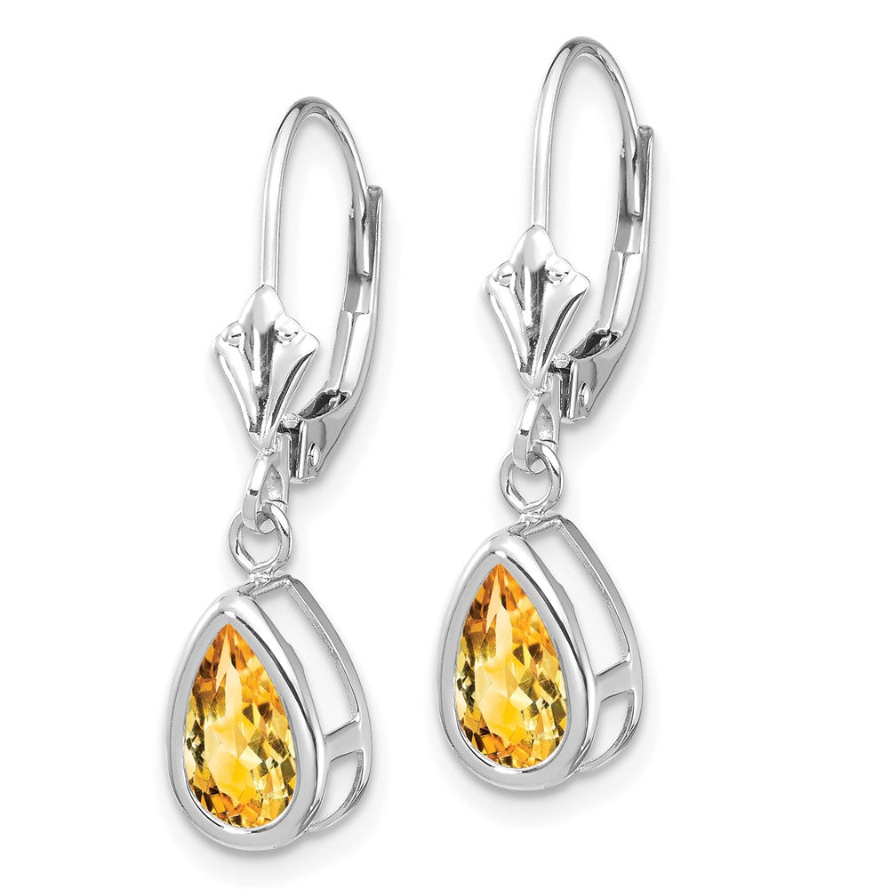 14k White Gold 8x5mm Pear Citrine Leverback Earrings