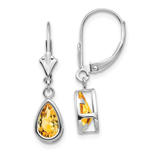 14k White Gold 8x5mm Pear Citrine Leverback Earrings