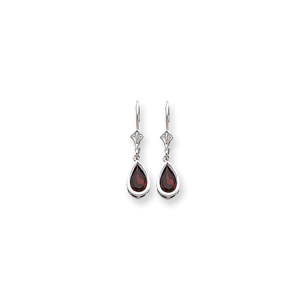 14k White Gold 8x5mm Pear Garnet Checker leverback Earrings