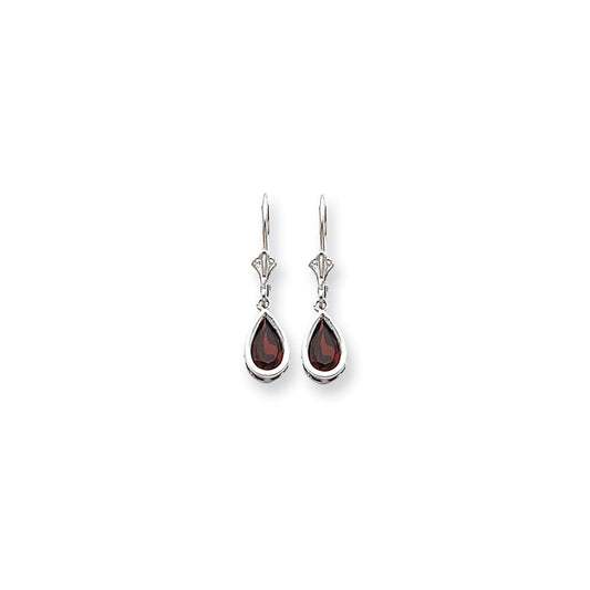 14k White Gold 8x5mm Pear Garnet Checker leverback Earrings