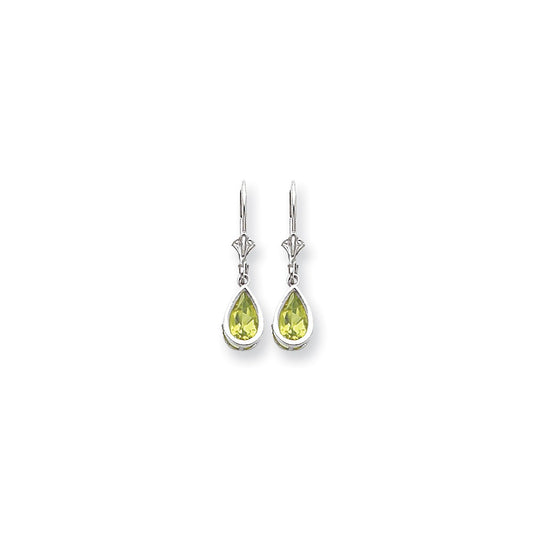 14k White Gold 8x5mm Pear Peridot Checker leverback Earrings