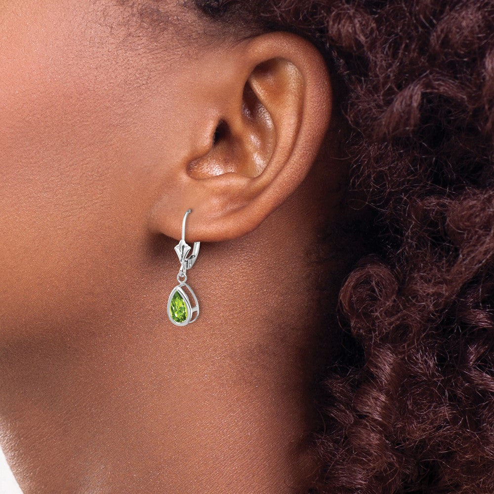 14k White Gold 8x5mm Pear Peridot Leverback Earrings