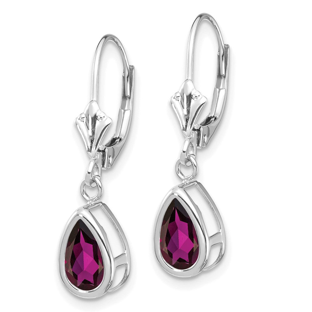 14k White Gold 8x5mm Pear Rhodolite Garnet Leverback Earrings