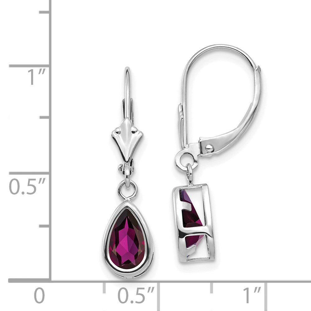 14k White Gold 8x5mm Pear Rhodolite Garnet Leverback Earrings