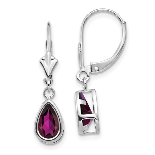 14k White Gold 8x5mm Pear Rhodolite Garnet Leverback Earrings