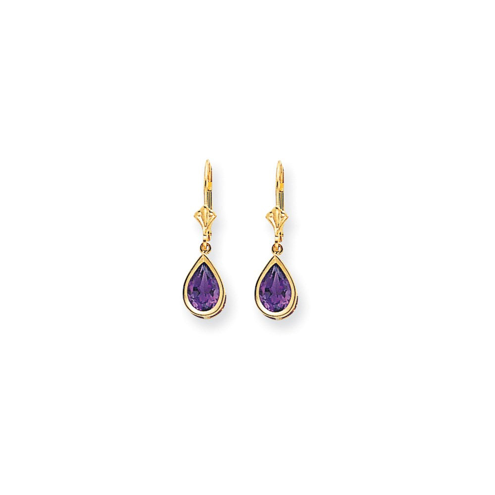 14k Yellow Gold 9x6mm Pear Amethyst Checker leverback Earrings