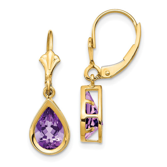 14k Yellow Gold 9x6mm Pear Amethyst Leverback Earrings