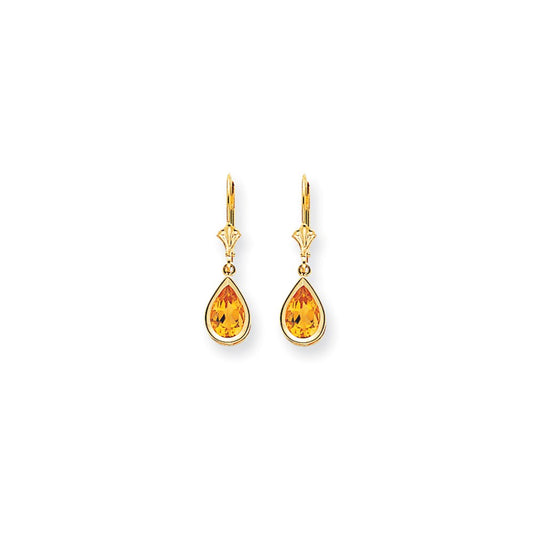 14k Yellow Gold 9x6mm Pear Citrine Checker leverback Earrings