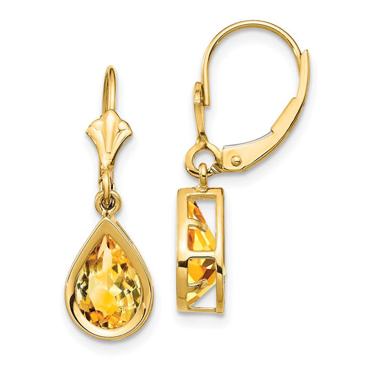 14k Yellow Gold 9x6mm Pear Citrine Leverback Earrings