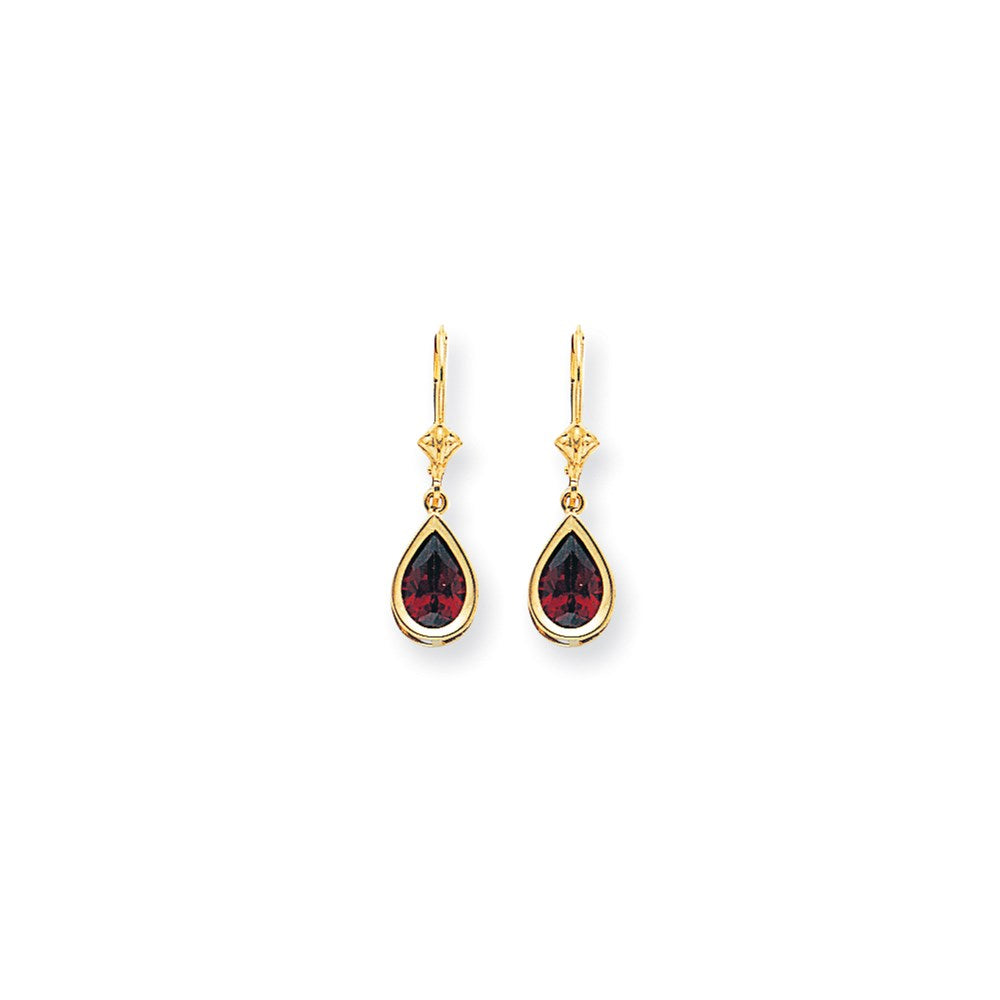 14k Yellow Gold 9x6mm Pear Garnet Checker leverback Earrings