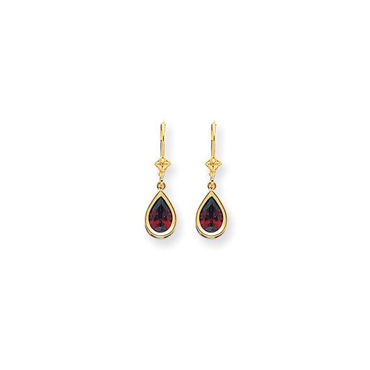 14k Yellow Gold 9x6mm Pear Garnet Checker leverback Earrings