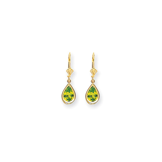 14k Yellow Gold 9x6mm Pear Peridot Checker leverback Earrings