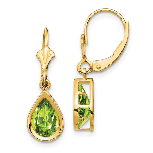 14k Yellow Gold 9x6mm Pear Peridot Leverback Earrings