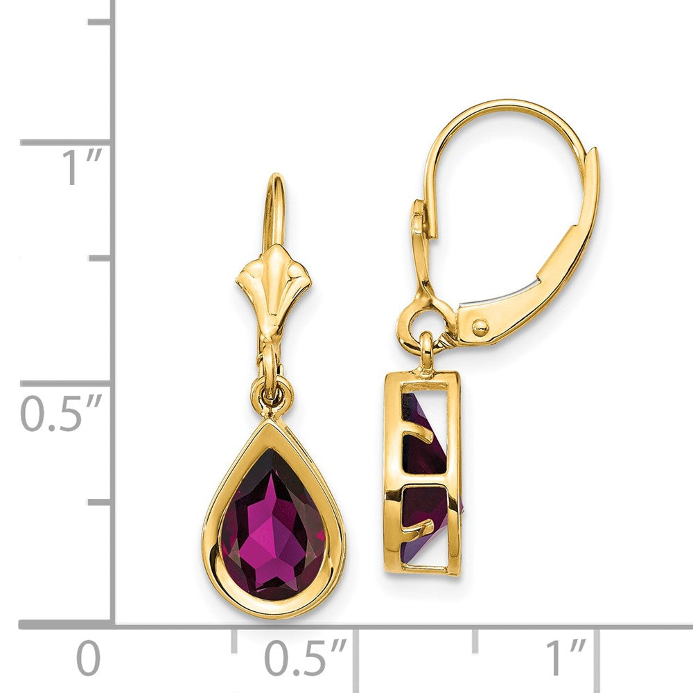 14k Yellow Gold 9x6mm Pear Rhodolite Garnet Leverback Earrings