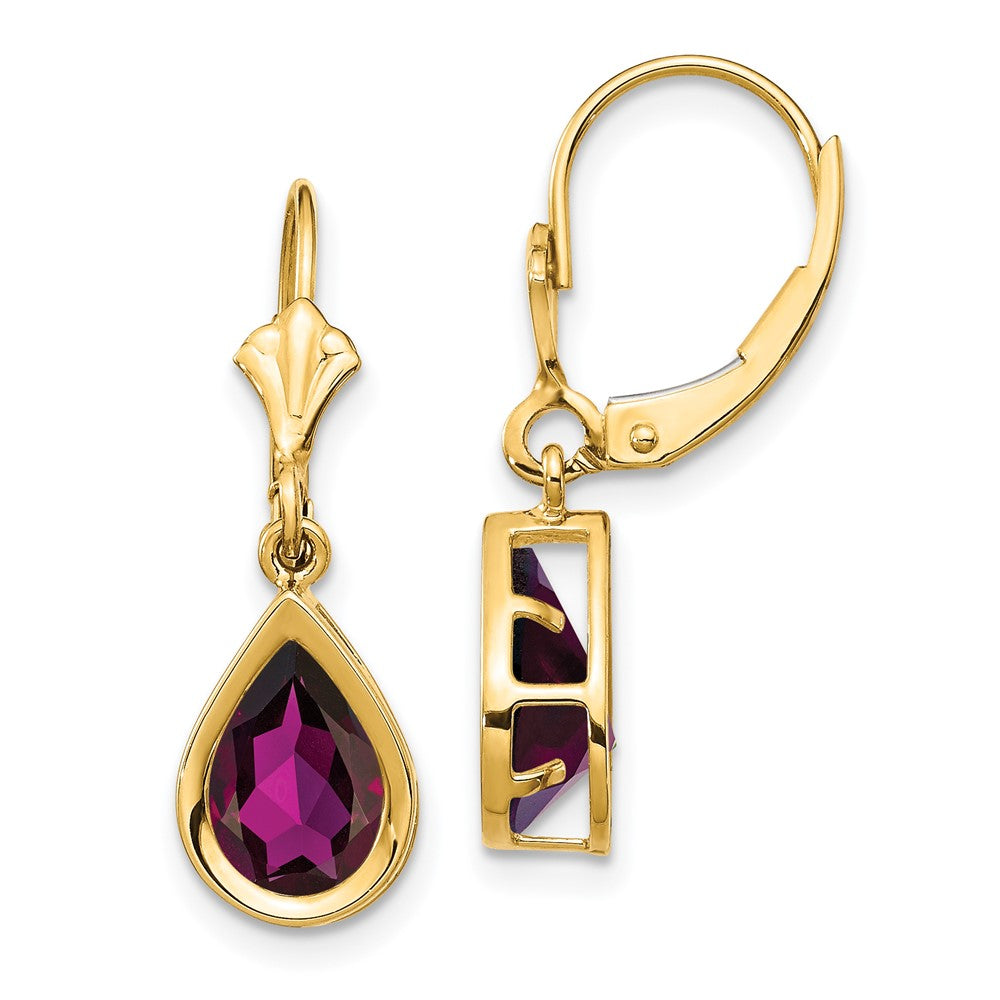 14k Yellow Gold 9x6mm Pear Rhodolite Garnet Leverback Earrings