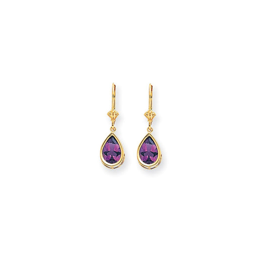 14k Yellow Gold 10x7mm Pear Amethyst Checker leverback Earrings