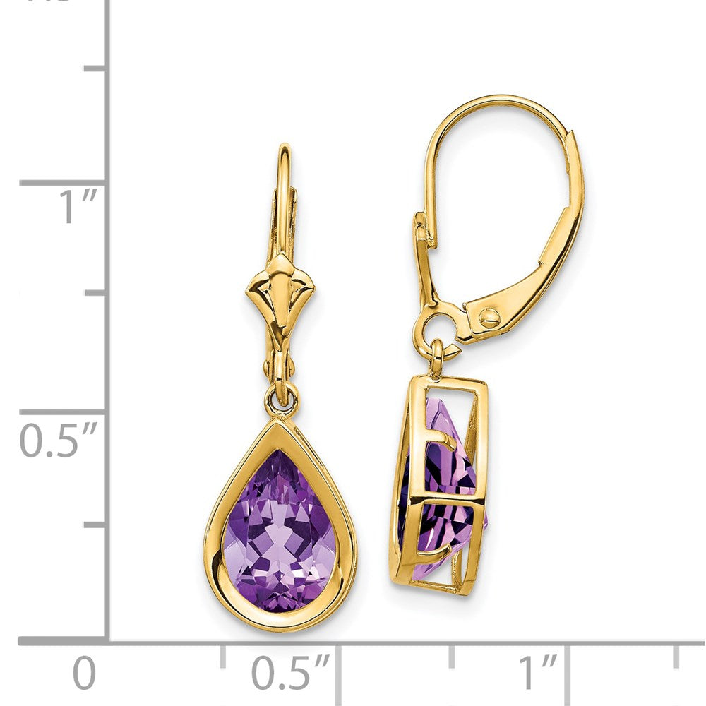 14k Yellow Gold 10x7mm Pear Amethyst Leverback Earrings