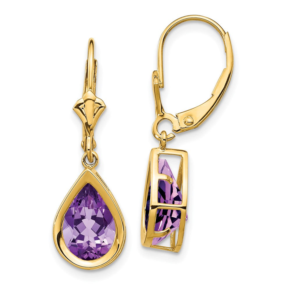 14k Yellow Gold 10x7mm Pear Amethyst Leverback Earrings