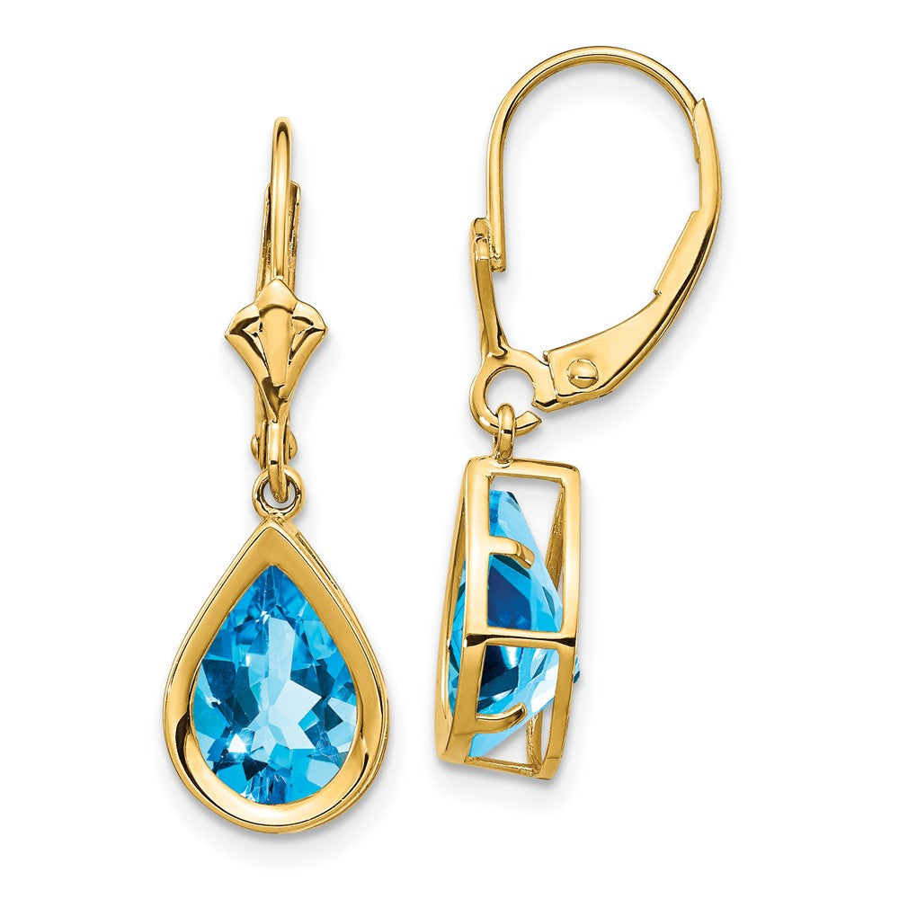 14k Yellow Gold 10x7mm Pear Blue Topaz Leverback Earrings