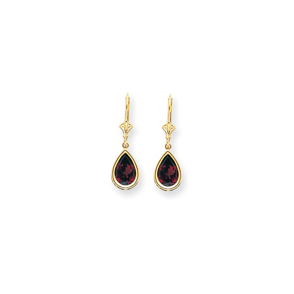 14k Yellow Gold 10x7mm Pear Garnet Checker leverback Earrings