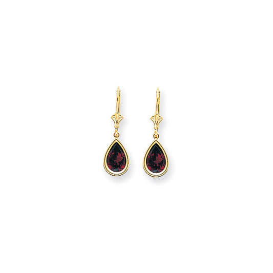 14k Yellow Gold 10x7mm Pear Garnet Checker leverback Earrings